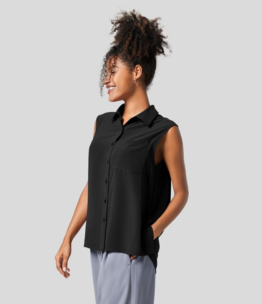 Collared Button Sleeveless Pocket High Low Split Hem Work Shirt  | Womens  T-Shirts Clothing Black/Mahogany