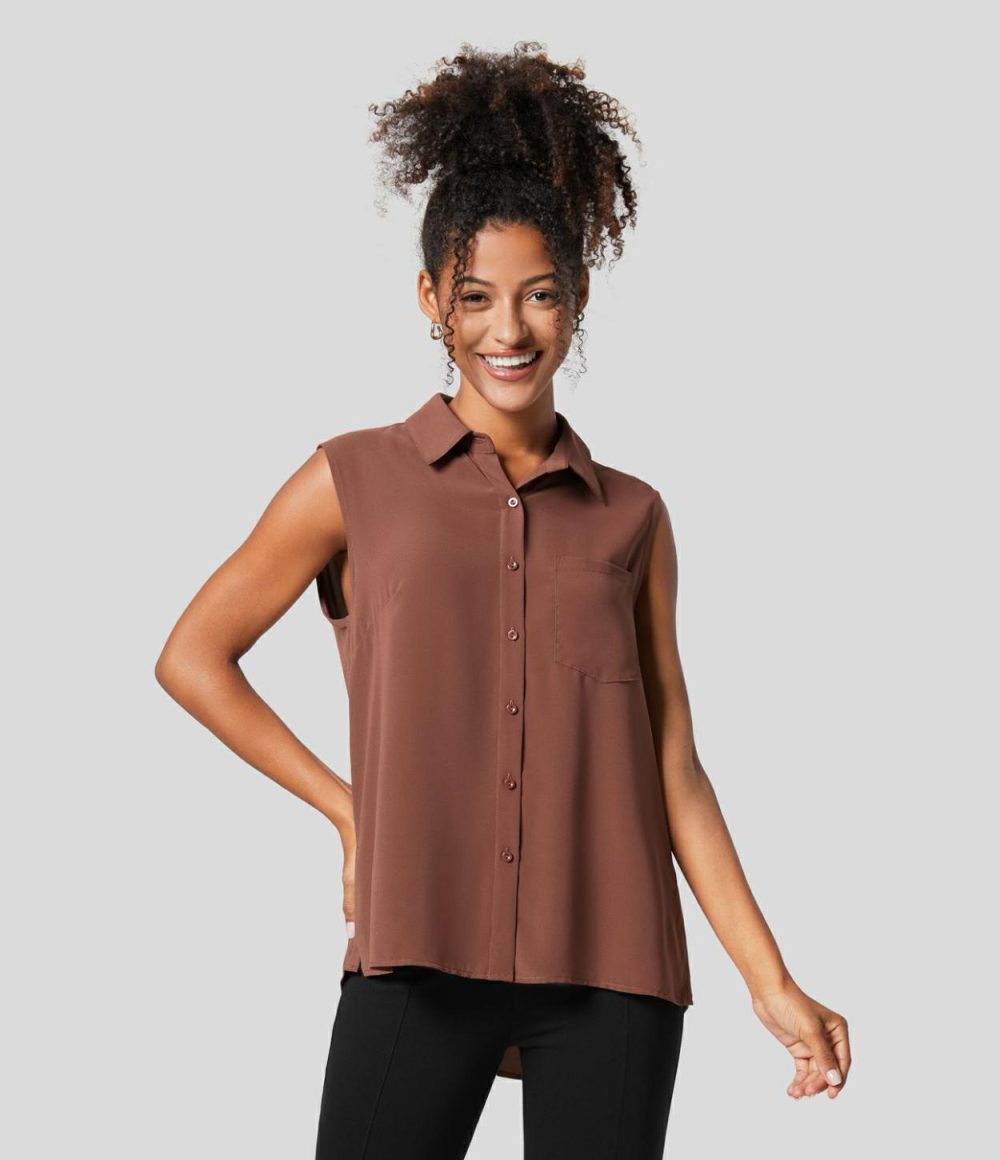 Collared Button Sleeveless Pocket High Low Split Hem Work Shirt  | Womens  T-Shirts Clothing Black/Mahogany