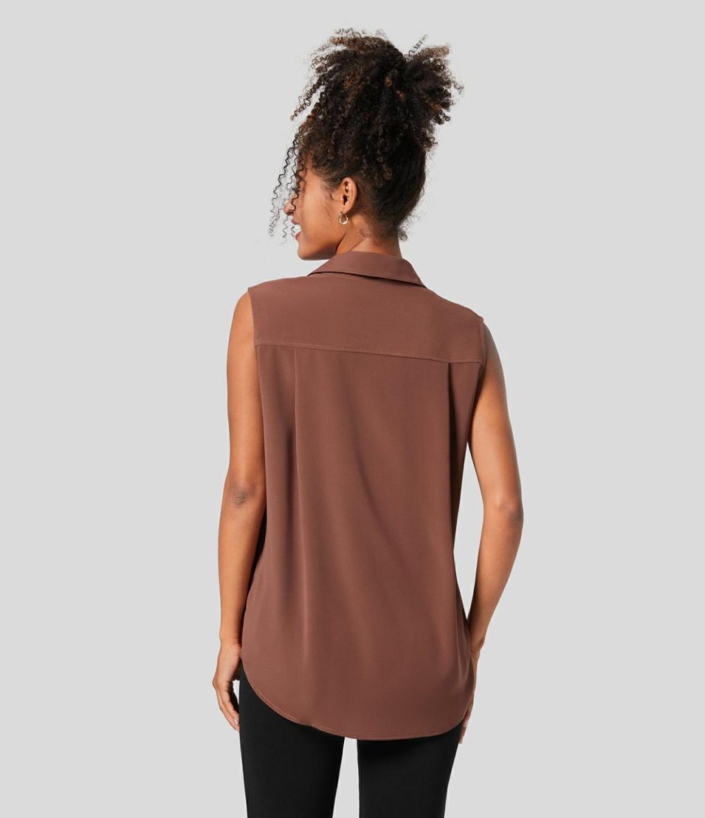 Collared Button Sleeveless Pocket High Low Split Hem Work Shirt  | Womens  T-Shirts Clothing Black/Mahogany