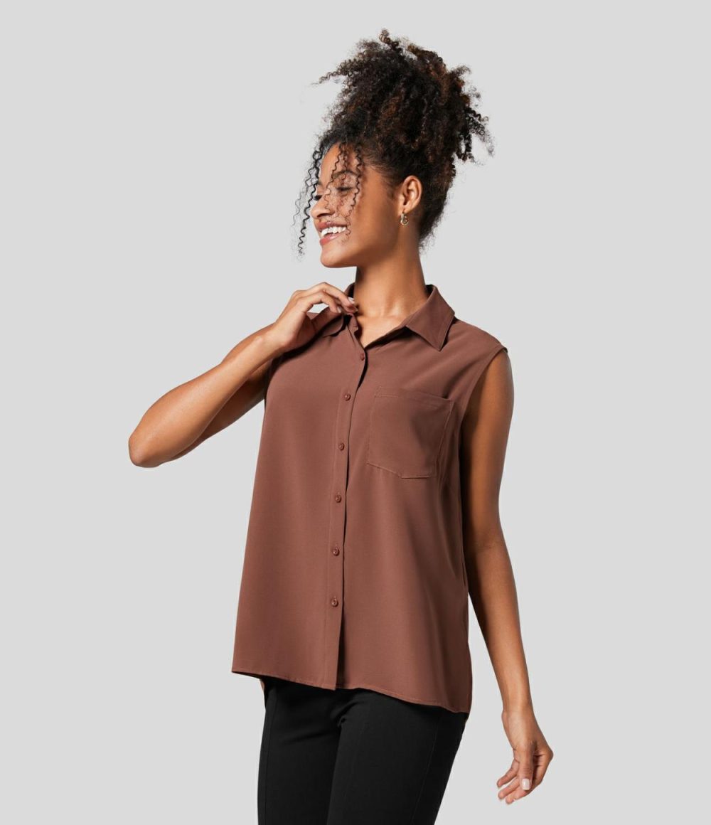 Collared Button Sleeveless Pocket High Low Split Hem Work Shirt  | Womens  T-Shirts Clothing Black/Mahogany