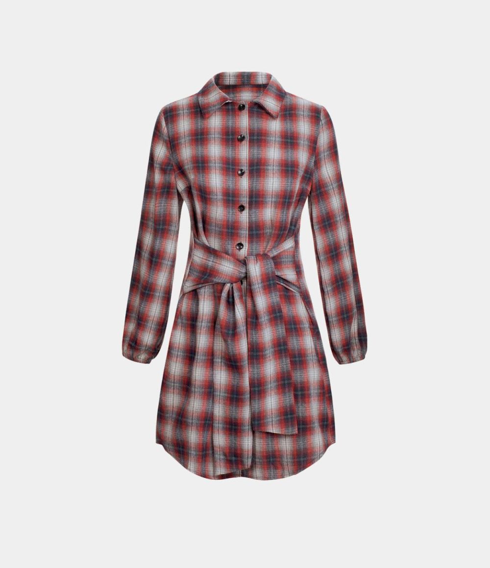 Collared Button Tie Front Plaid Mini Casual Dress  | Womens  Mini Dresses Clothing Mini Dresses