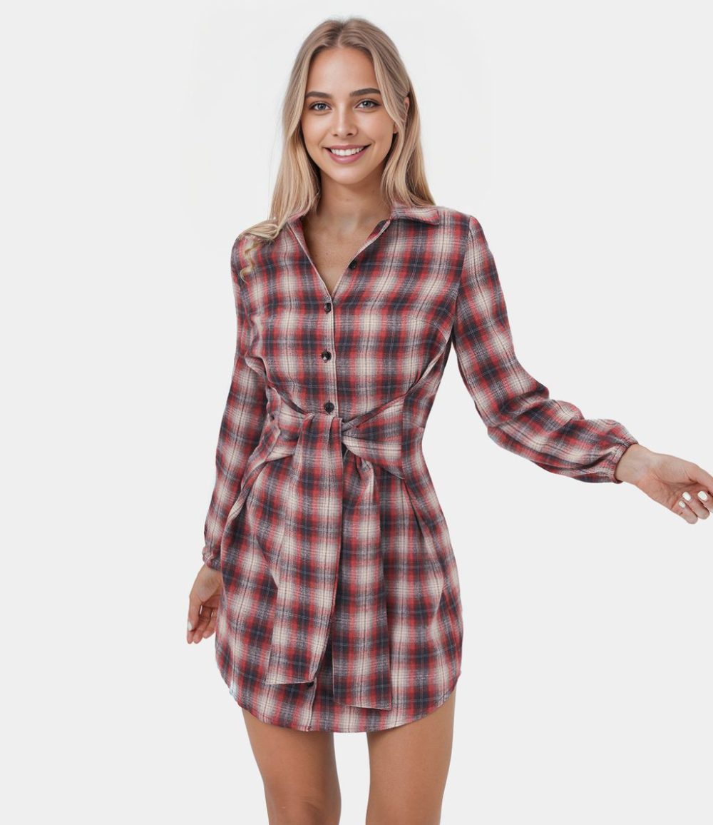 Collared Button Tie Front Plaid Mini Casual Dress  | Womens  Mini Dresses Clothing Mini Dresses