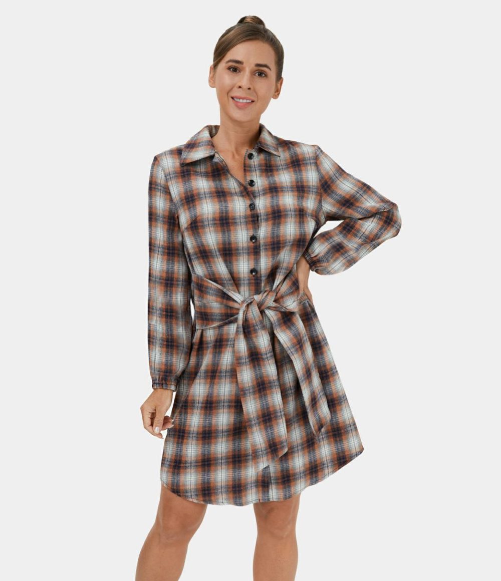 Collared Button Tie Front Plaid Mini Casual Dress  | Womens  Mini Dresses Clothing Mini Dresses