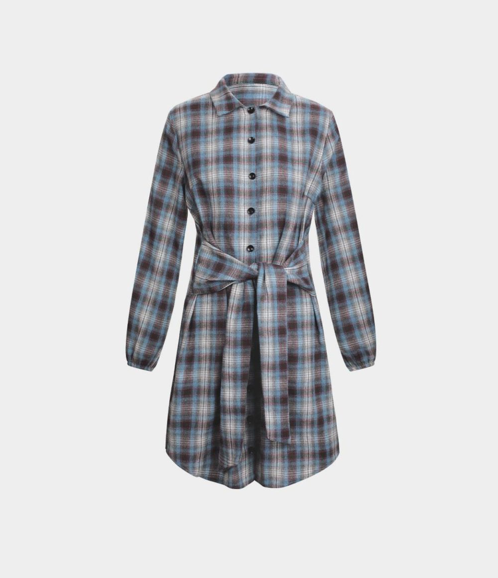 Collared Button Tie Front Plaid Mini Casual Dress  | Womens  Mini Dresses Clothing Mini Dresses