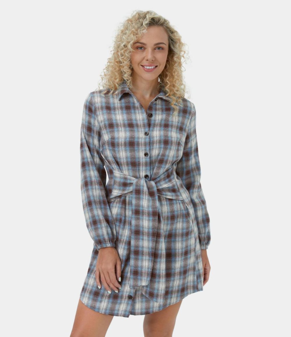 Collared Button Tie Front Plaid Mini Casual Dress  | Womens  Mini Dresses Clothing Mini Dresses