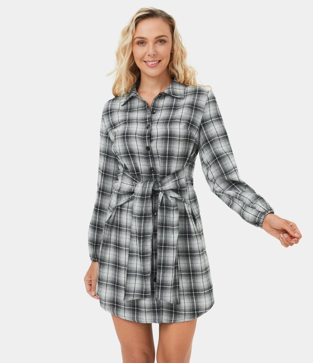 Collared Button Tie Front Plaid Mini Casual Dress  | Womens  Mini Dresses Clothing Mini Dresses