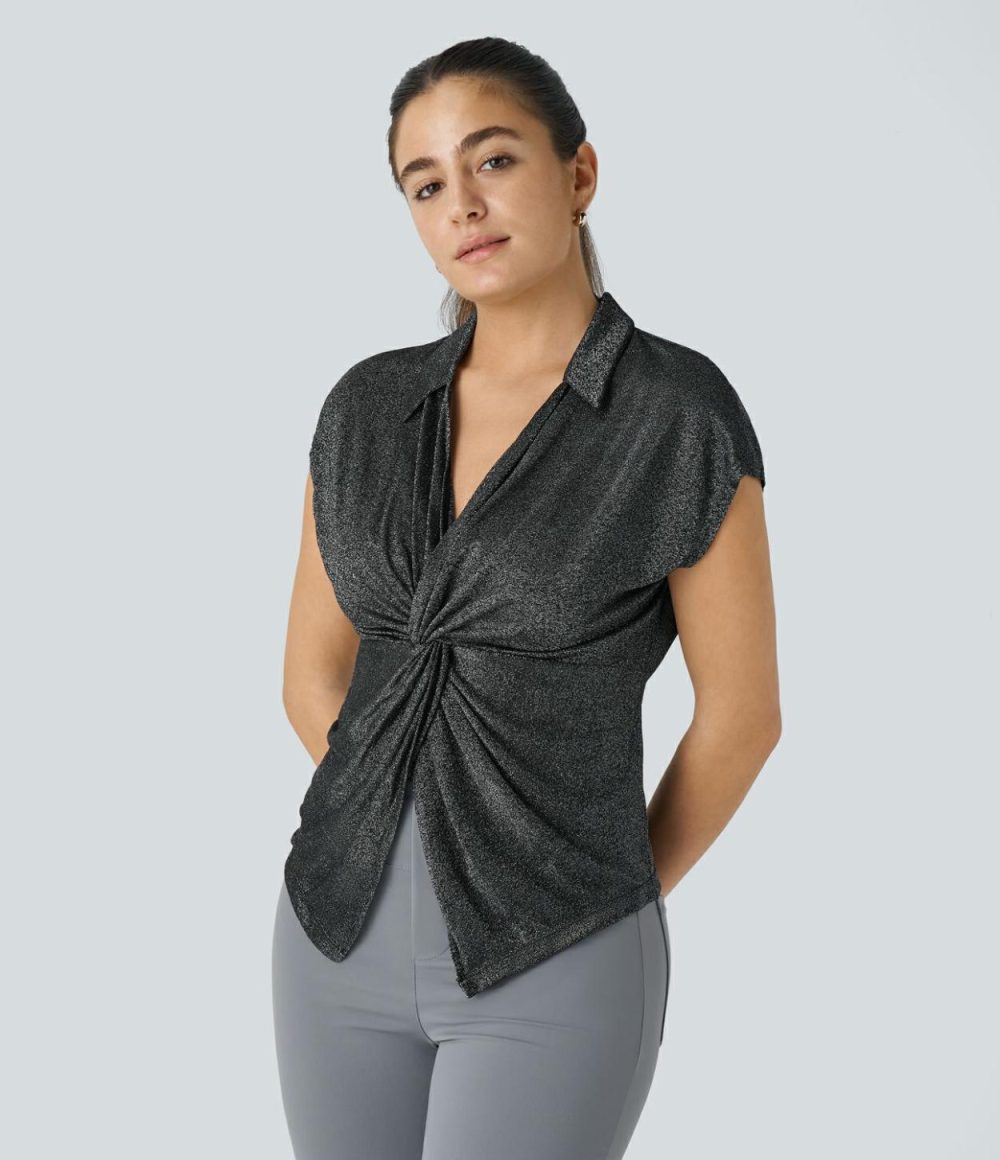 Collared Cap Sleeve Twisted Metallic Glitter Work Blouse  | Womens  T-Shirts Clothing Glitter Black Silver/Falling Silk Red