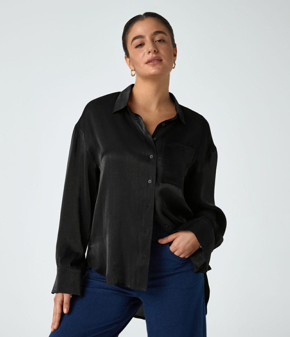 Collared Chest Pocket High Low Curved Hem Shine Oversize Work Shirt  | Womens  Long Sleeve Tops Clothing Long Sleeve Tops