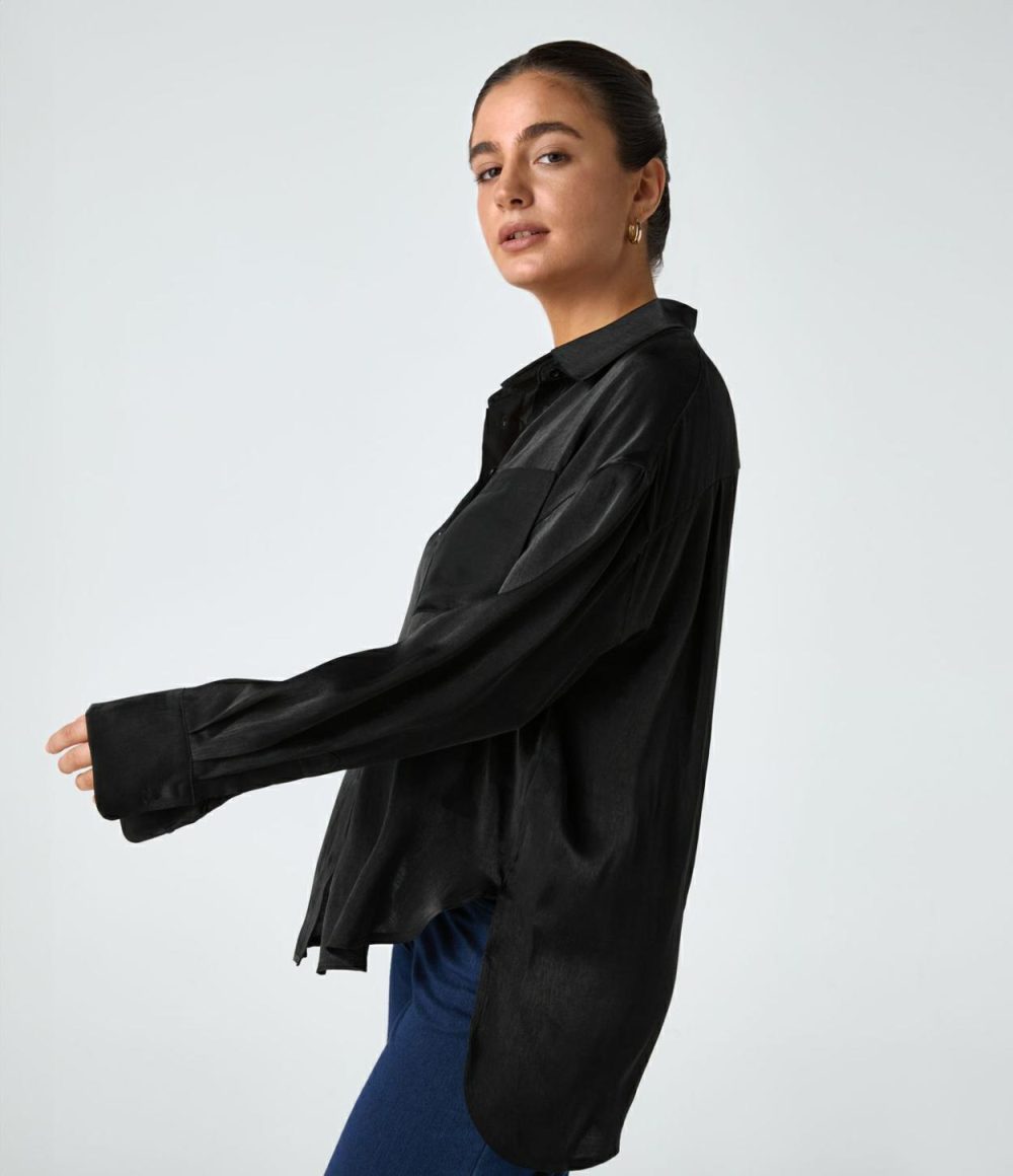 Collared Chest Pocket High Low Curved Hem Shine Oversize Work Shirt  | Womens  Long Sleeve Tops Clothing Long Sleeve Tops