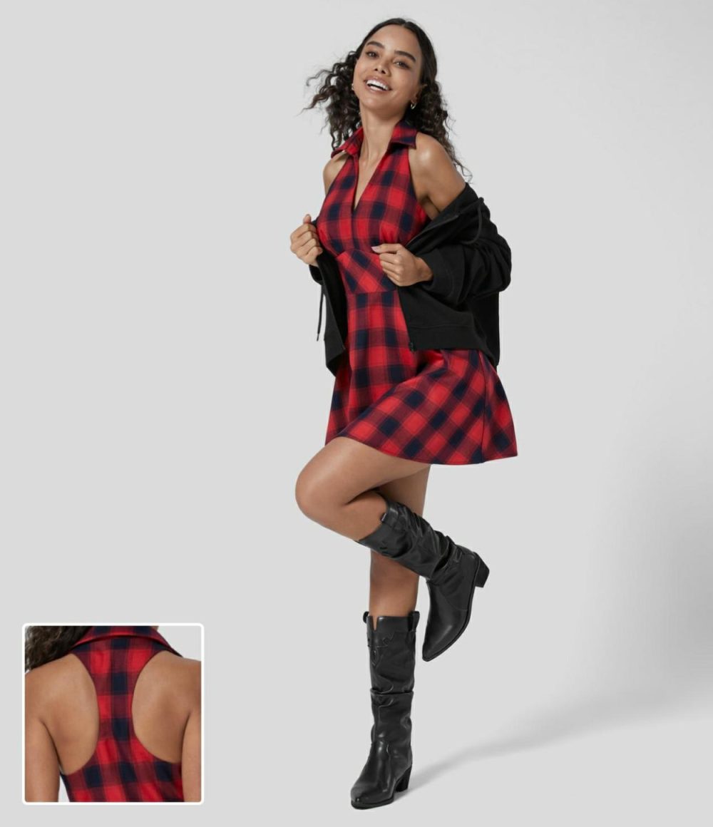 Collared Deep V Neck Racerback Sleeveless Plaid Casual Flare Dress  | Womens  Mini Dresses Clothing Mini Dresses