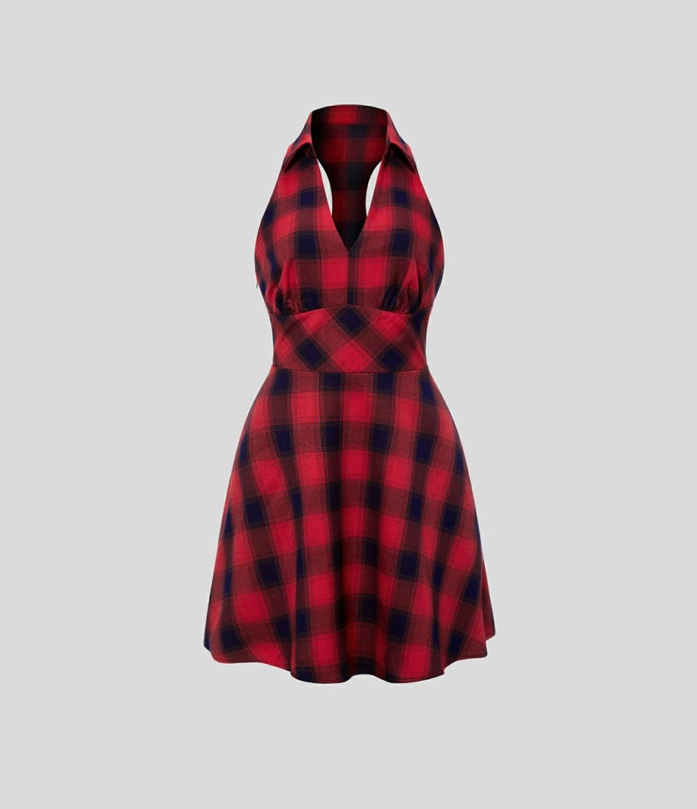 Collared Deep V Neck Racerback Sleeveless Plaid Casual Flare Dress  | Womens  Mini Dresses Clothing Mini Dresses