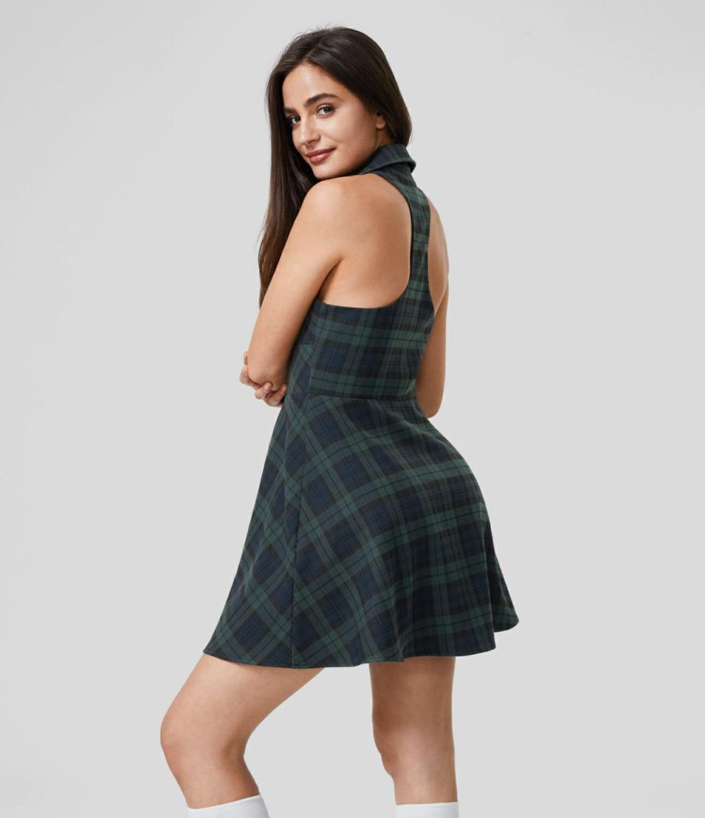 Collared Deep V Neck Racerback Sleeveless Plaid Casual Flare Dress  | Womens  Mini Dresses Clothing Mini Dresses