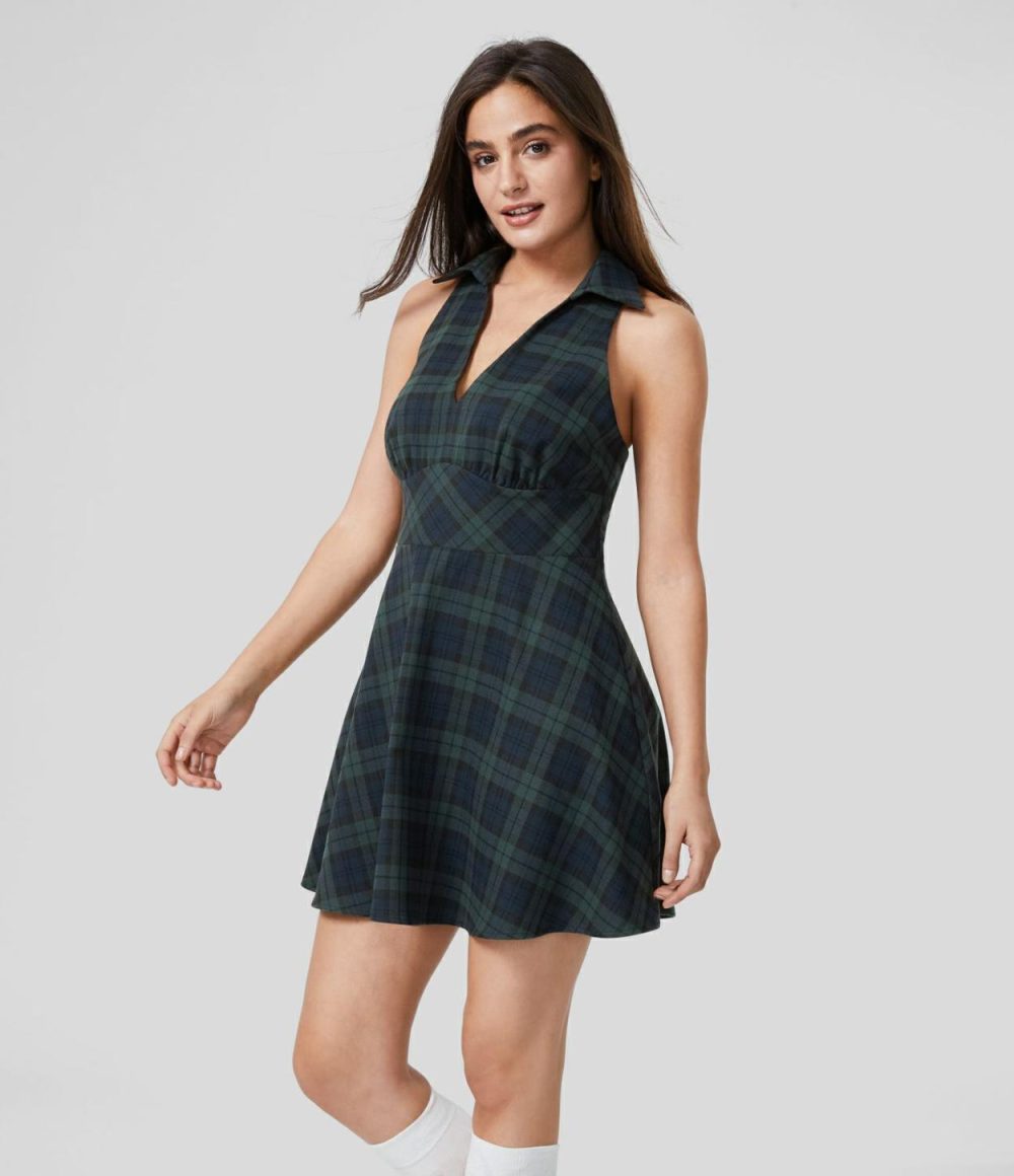 Collared Deep V Neck Racerback Sleeveless Plaid Casual Flare Dress  | Womens  Mini Dresses Clothing Mini Dresses