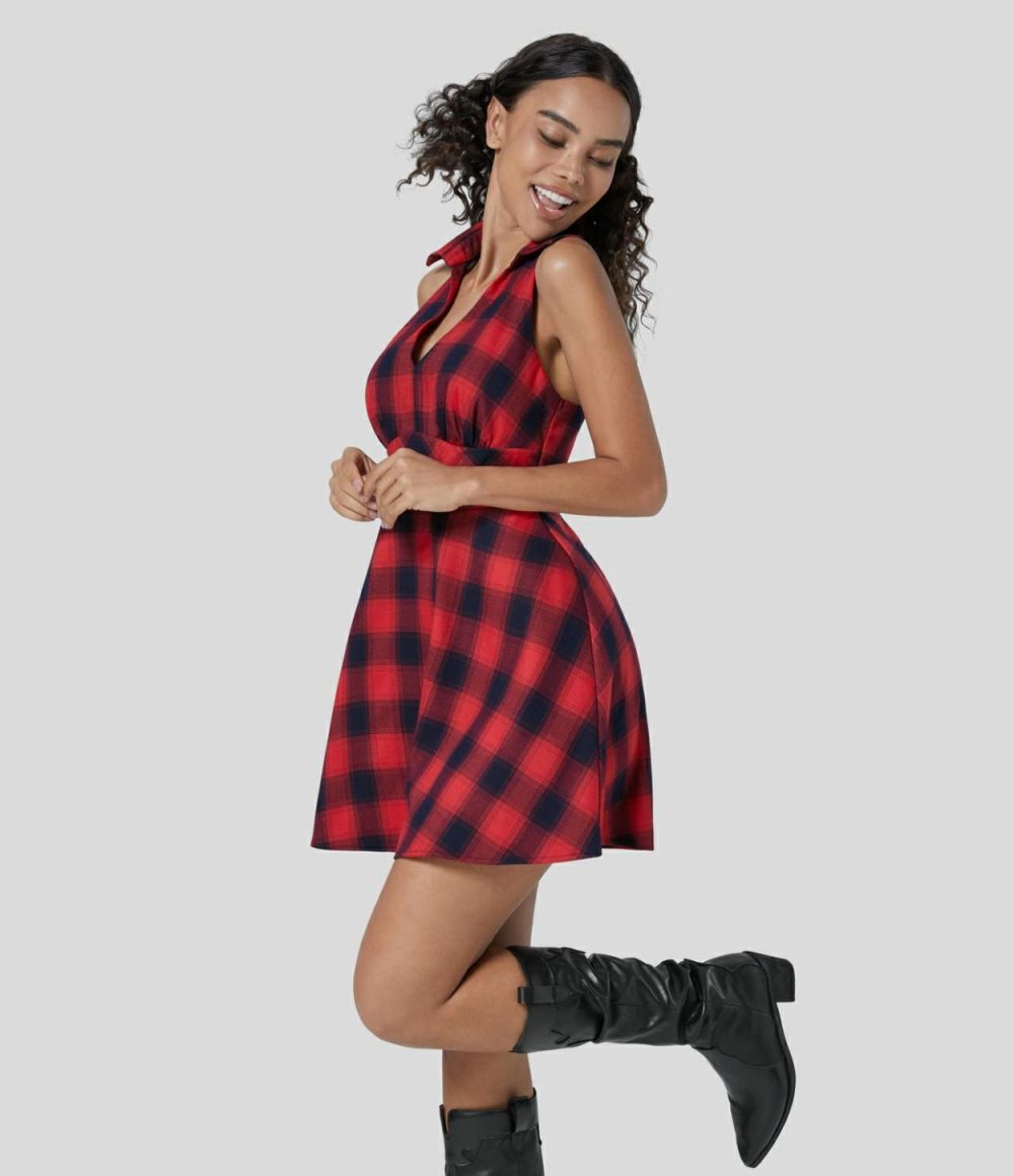 Collared Deep V Neck Racerback Sleeveless Plaid Casual Flare Dress  | Womens  Mini Dresses Clothing Mini Dresses