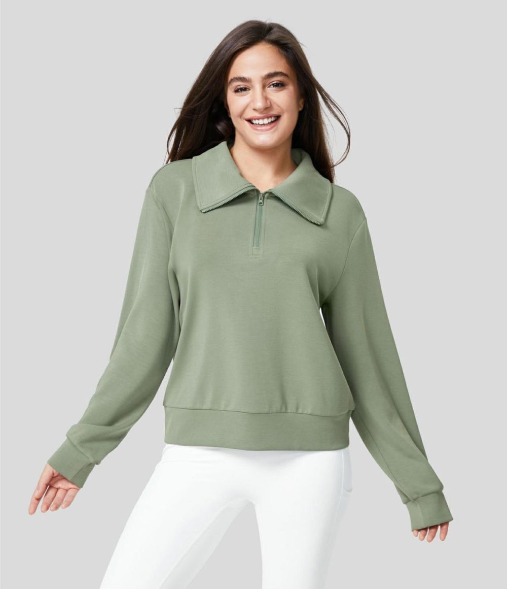 Collared Half Zip Long Sleeve Casual Sweatshirt  | Womens  Long Sleeve Tops Clothing Asparagus