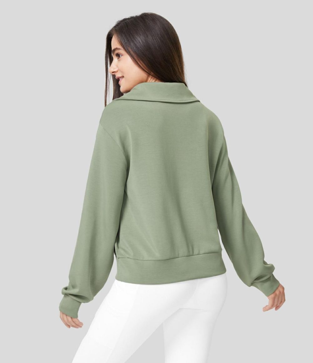 Collared Half Zip Long Sleeve Casual Sweatshirt  | Womens  Long Sleeve Tops Clothing Asparagus