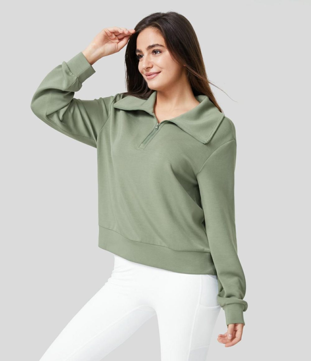 Collared Half Zip Long Sleeve Casual Sweatshirt  | Womens  Long Sleeve Tops Clothing Asparagus