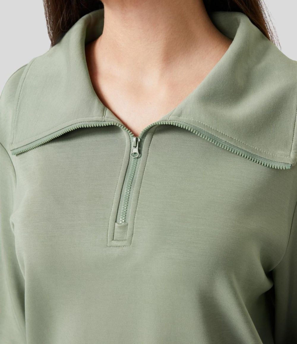 Collared Half Zip Long Sleeve Casual Sweatshirt  | Womens  Long Sleeve Tops Clothing Asparagus