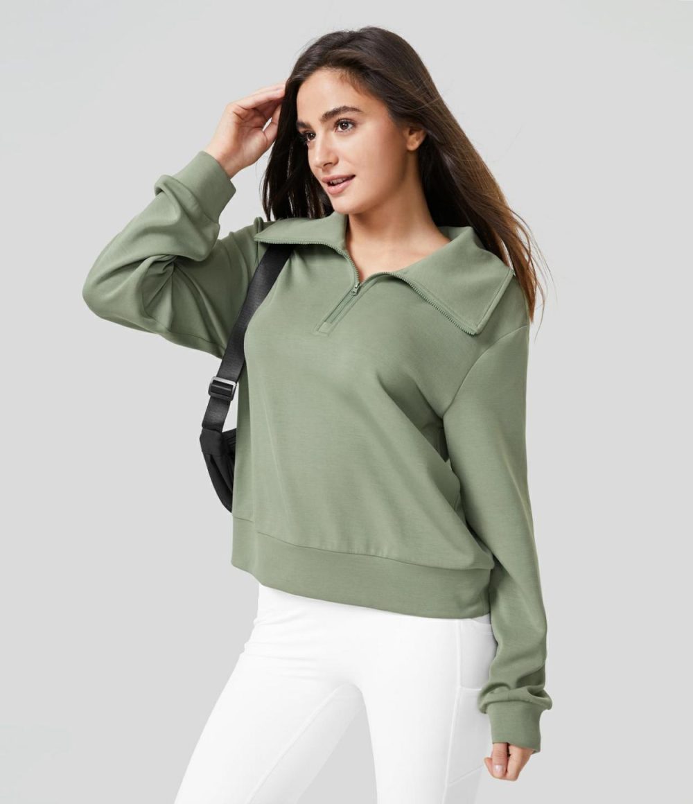 Collared Half Zip Long Sleeve Casual Sweatshirt  | Womens  Long Sleeve Tops Clothing Asparagus