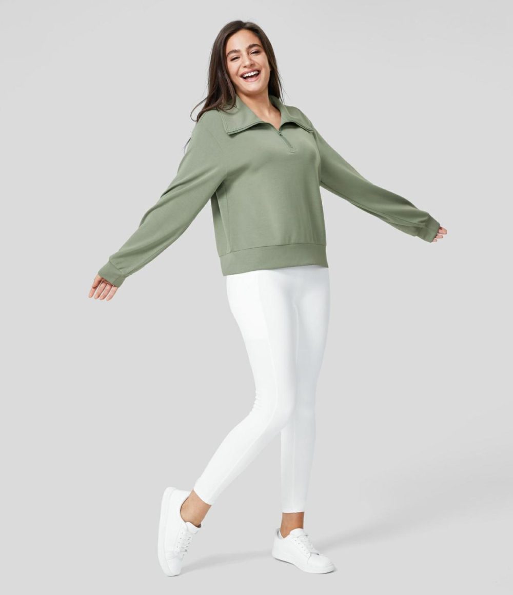 Collared Half Zip Long Sleeve Casual Sweatshirt  | Womens  Long Sleeve Tops Clothing Asparagus