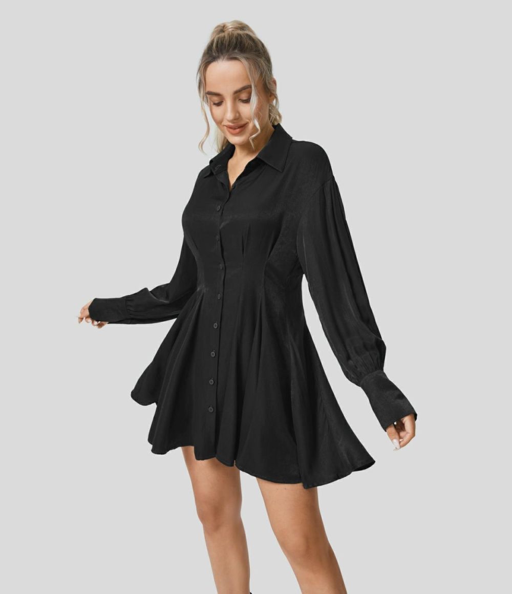 Collared Long Sleeve Skater Mini Casual Shirt Dress  | Womens  Mini Dresses Clothing Eden/Black