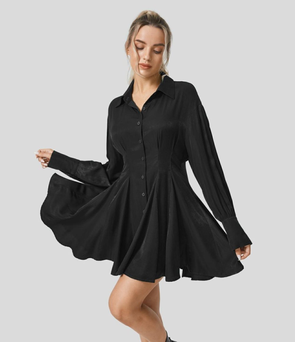 Collared Long Sleeve Skater Mini Casual Shirt Dress  | Womens  Mini Dresses Clothing Eden/Black