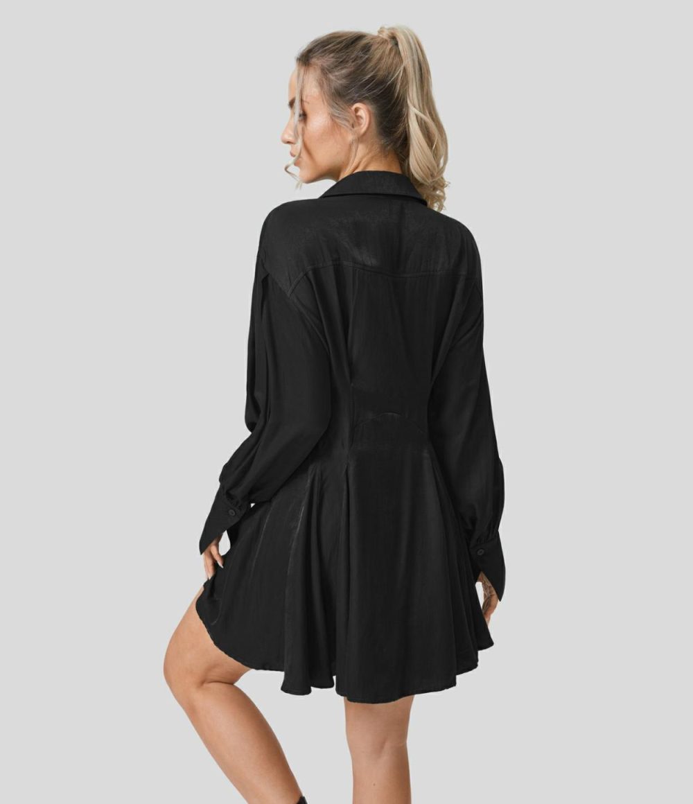 Collared Long Sleeve Skater Mini Casual Shirt Dress  | Womens  Mini Dresses Clothing Eden/Black