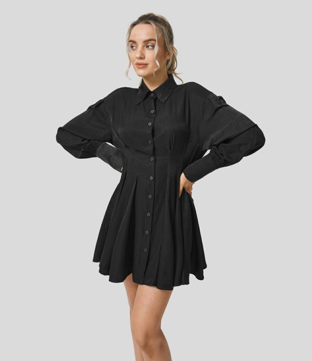 Collared Long Sleeve Skater Mini Casual Shirt Dress  | Womens  Mini Dresses Clothing Eden/Black