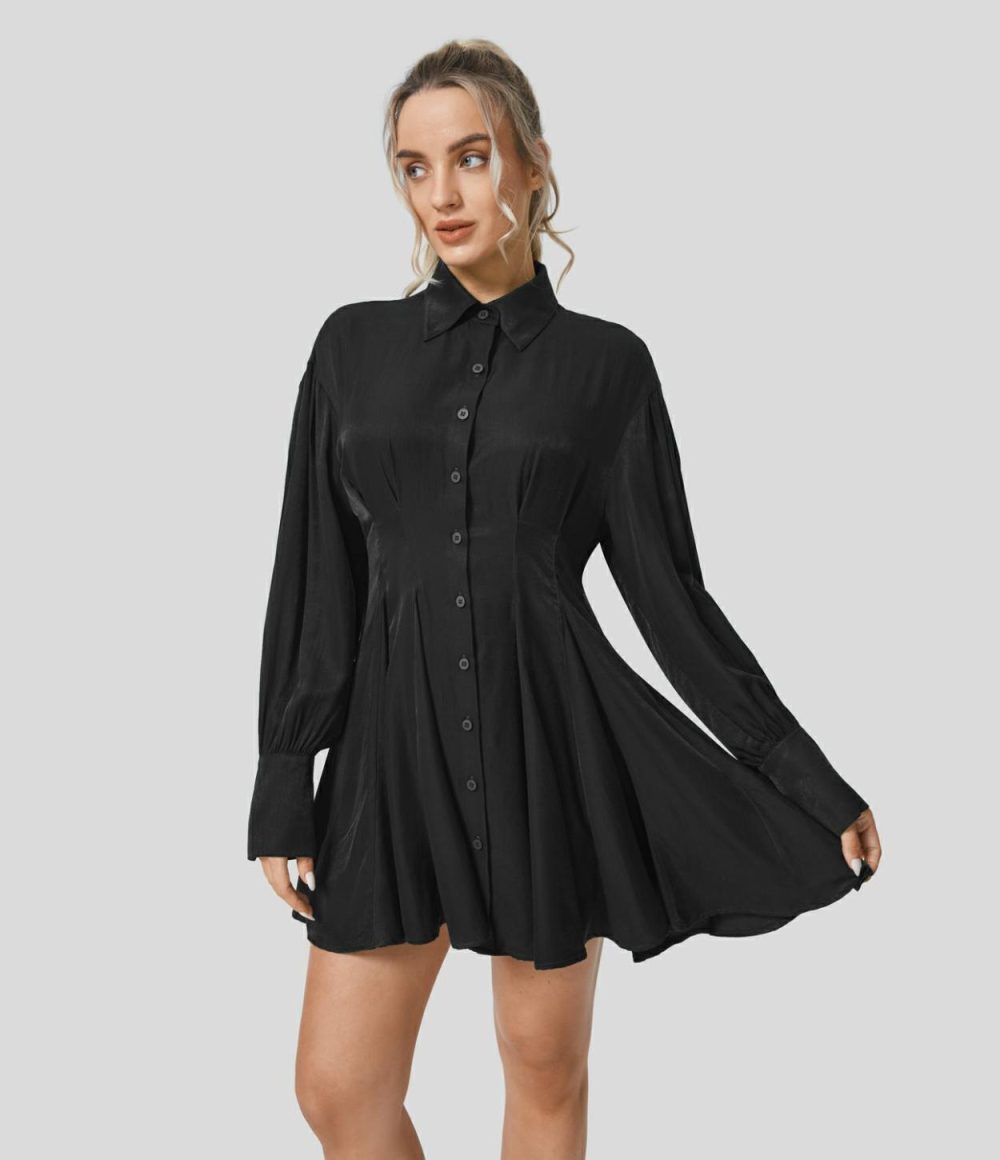 Collared Long Sleeve Skater Mini Casual Shirt Dress  | Womens  Mini Dresses Clothing Eden/Black