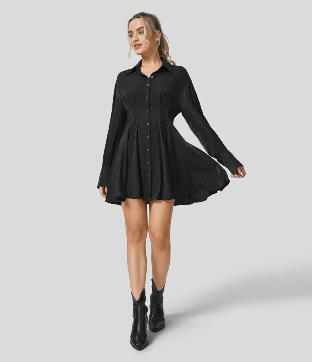 Collared Long Sleeve Skater Mini Casual Shirt Dress  | Womens  Mini Dresses Clothing Eden/Black