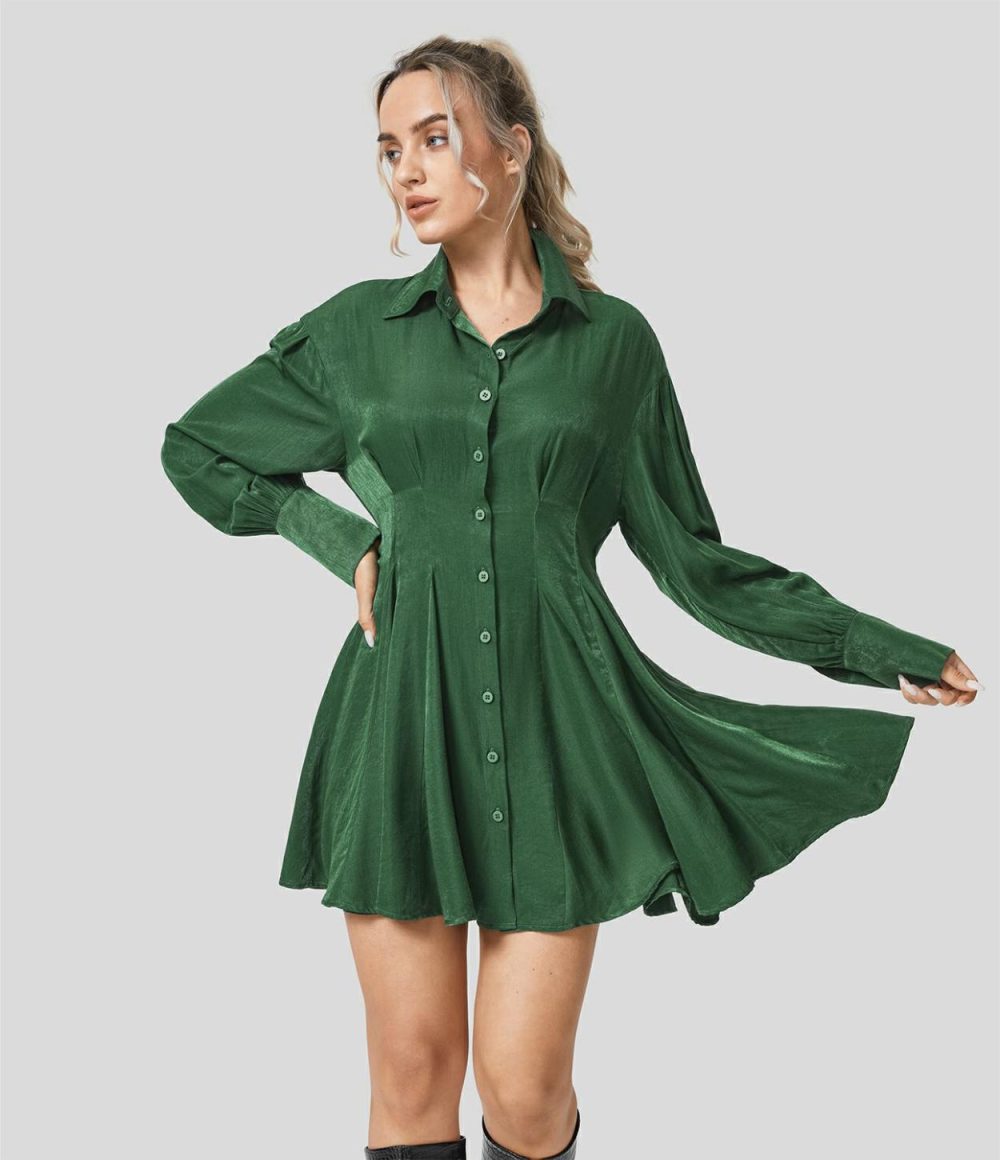 Collared Long Sleeve Skater Mini Casual Shirt Dress  | Womens  Mini Dresses Clothing Eden/Black