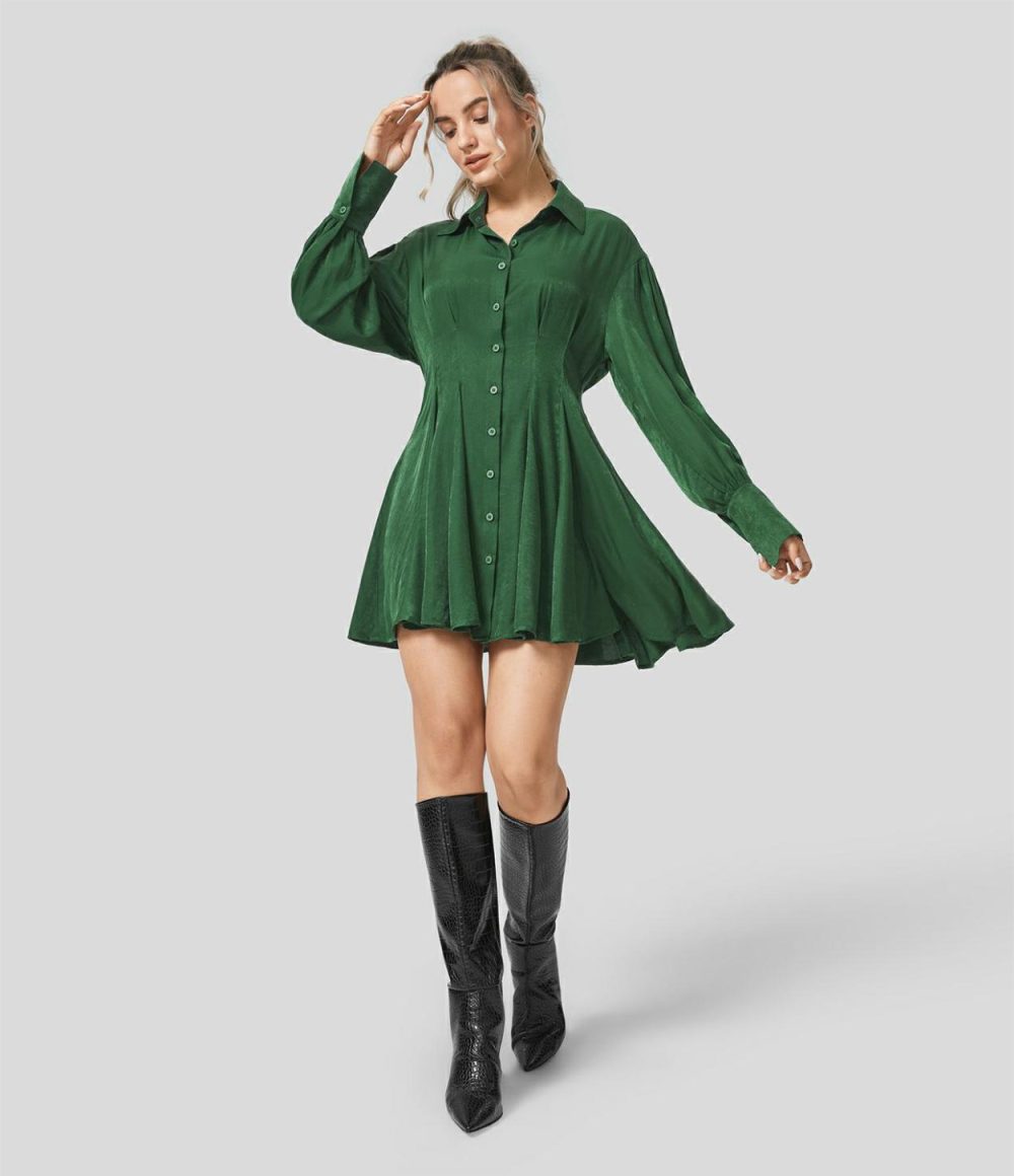 Collared Long Sleeve Skater Mini Casual Shirt Dress  | Womens  Mini Dresses Clothing Eden/Black