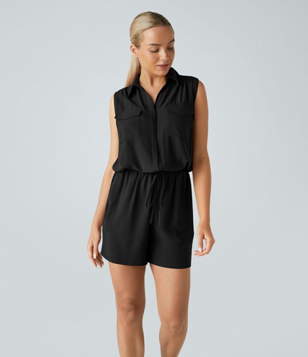 Collared Sleeveless Multiple Pockets Drawstring Plicated Casual Jumpsuit  | Womens  Rompers Clothing Black/Mahogany