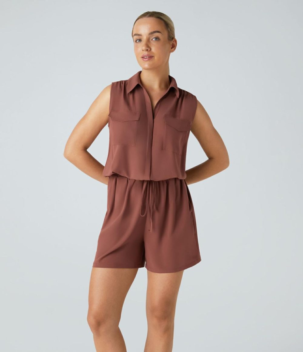 Collared Sleeveless Multiple Pockets Drawstring Plicated Casual Jumpsuit  | Womens  Rompers Clothing Black/Mahogany