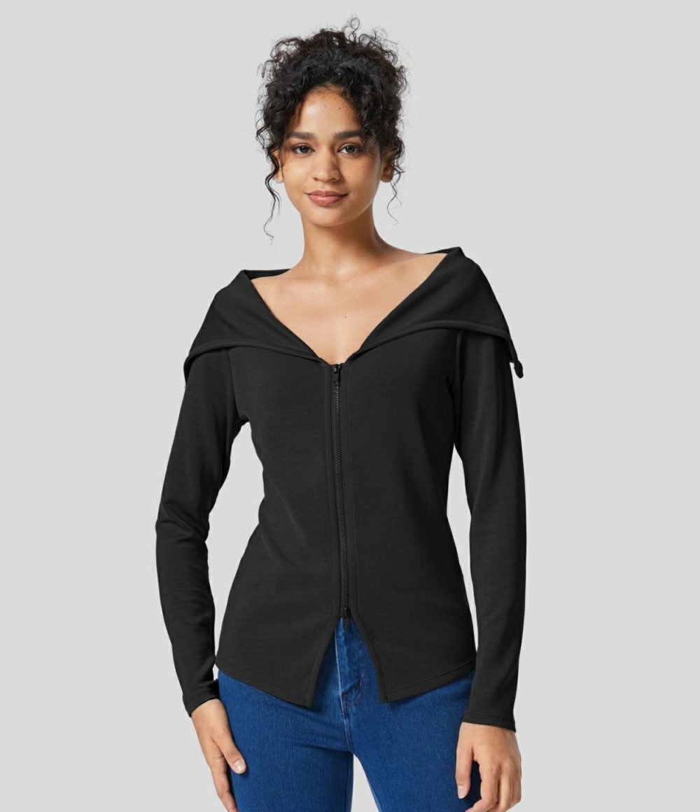 Collared V Neck 2-Way Zipper Long Sleeve Casual Jacket  | Womens  Long Sleeve Tops Clothing Asparagus/Black