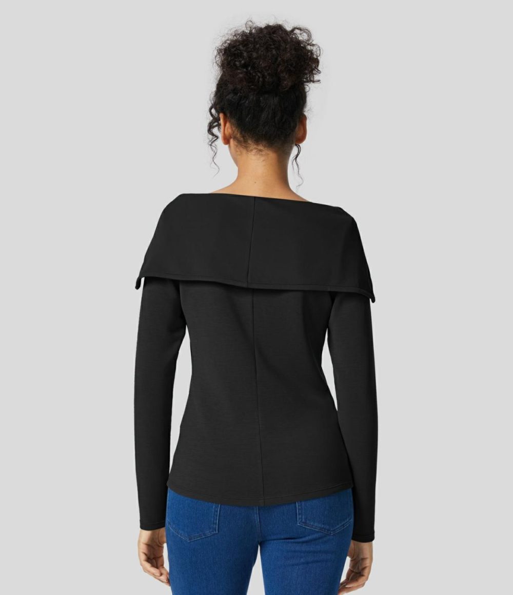 Collared V Neck 2-Way Zipper Long Sleeve Casual Jacket  | Womens  Long Sleeve Tops Clothing Asparagus/Black