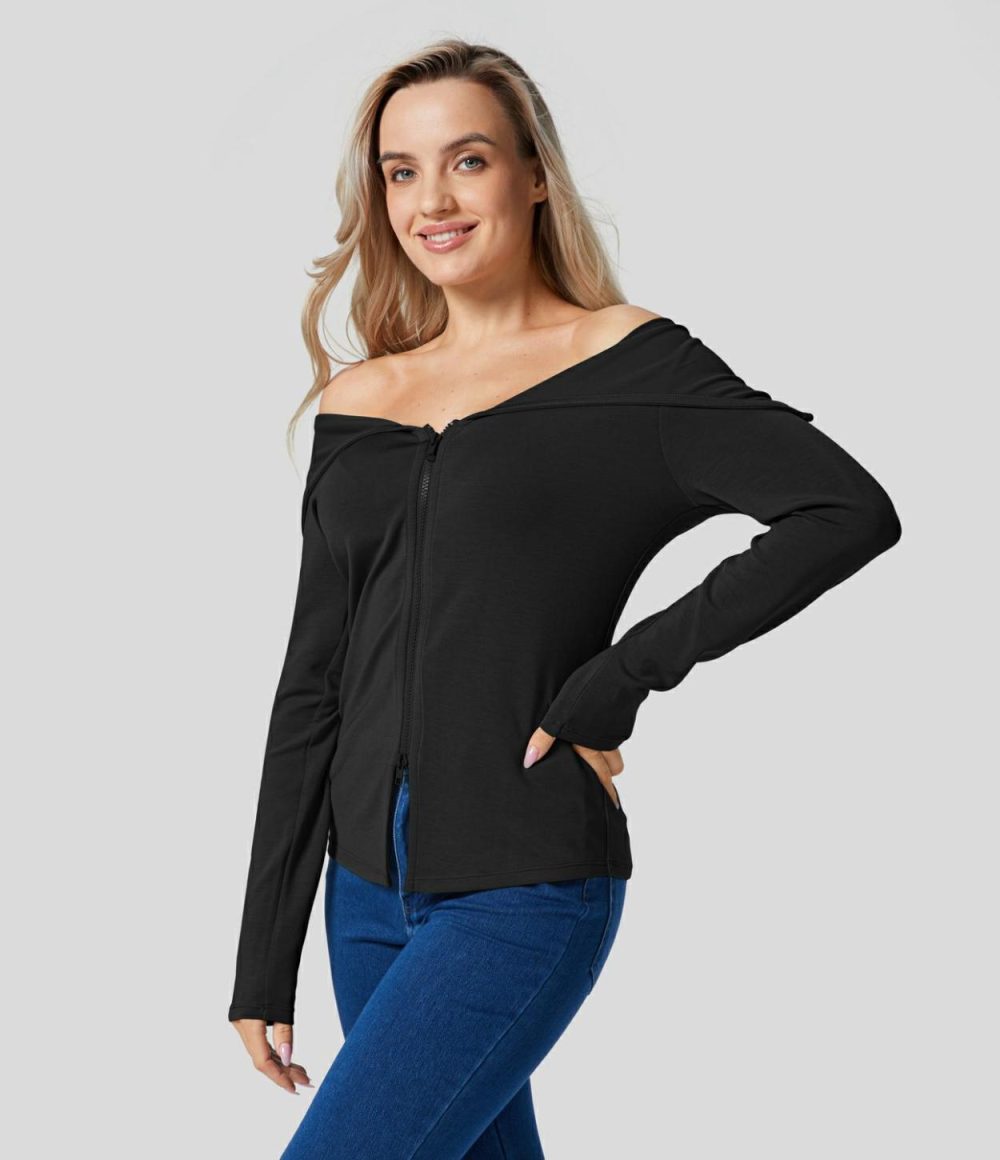 Collared V Neck 2-Way Zipper Long Sleeve Casual Jacket  | Womens  Long Sleeve Tops Clothing Asparagus/Black