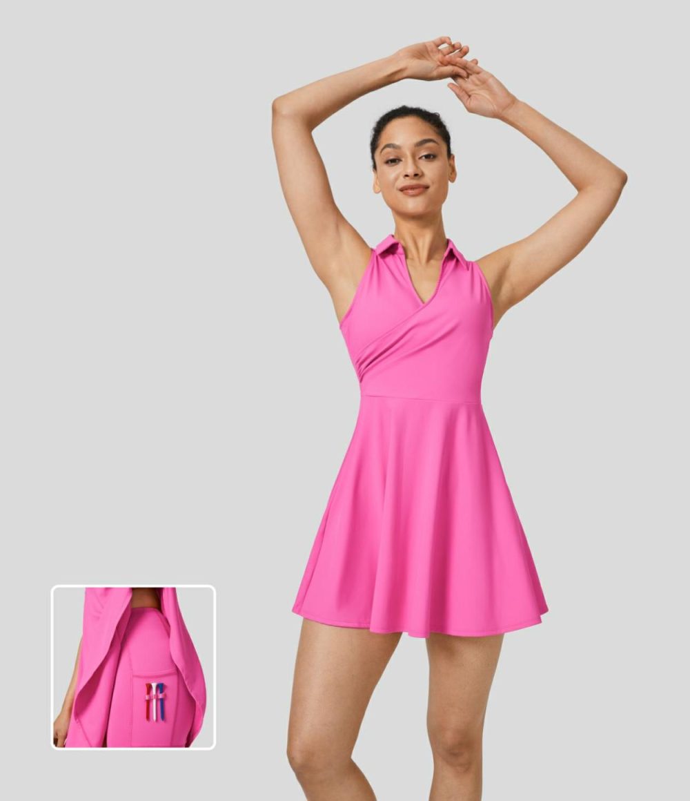 Collared V Neck Plicated Sleeveless 2-Piece Side Pocket Flare Mini Quick Dry Golf Active Dress-Golf Tee Pocket  | Womens  Active Dresses Active Dresses Active Dresses