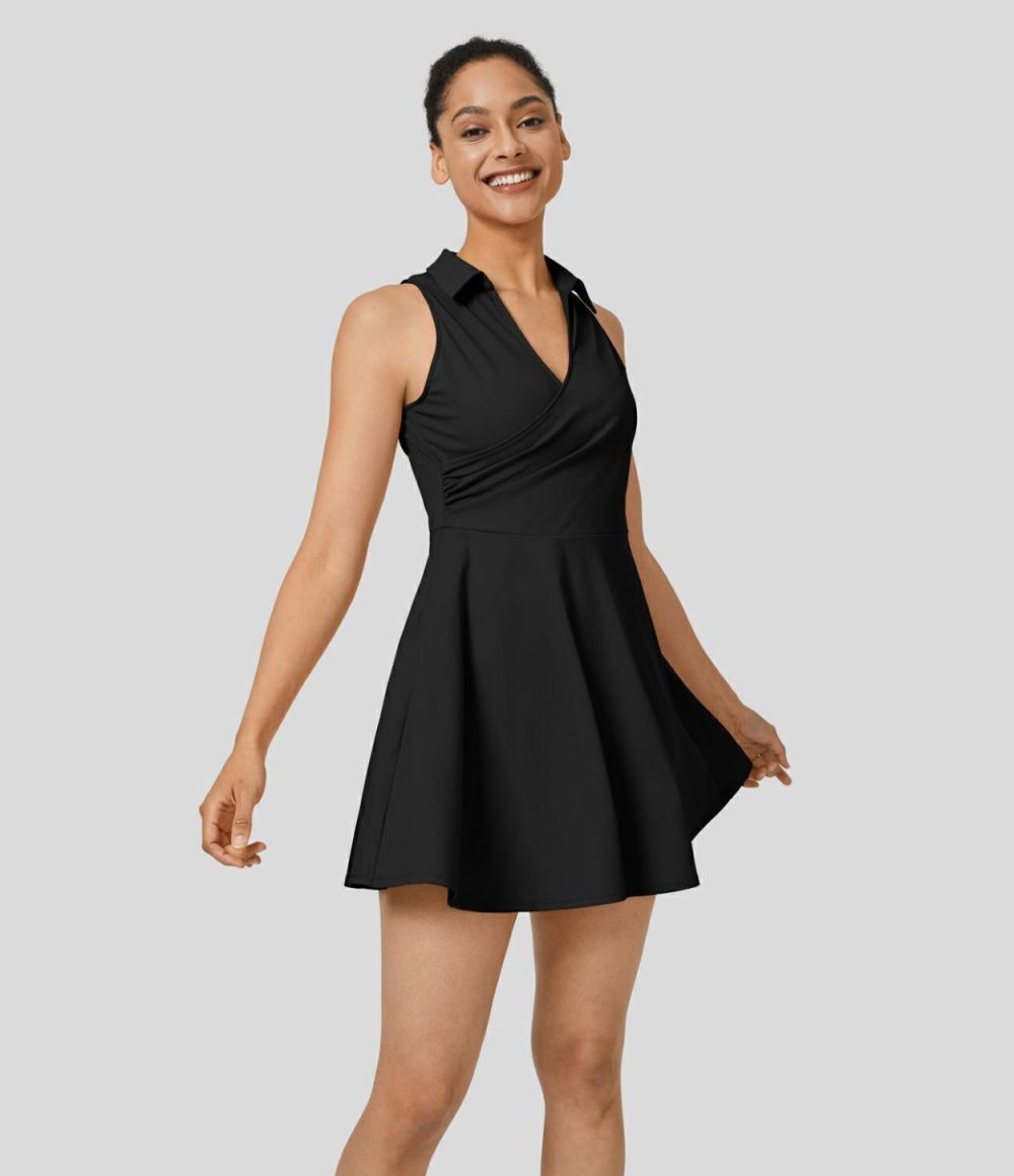 Collared V Neck Plicated Sleeveless 2-Piece Side Pocket Flare Mini Quick Dry Golf Active Dress-Golf Tee Pocket  | Womens  Active Dresses Active Dresses Active Dresses