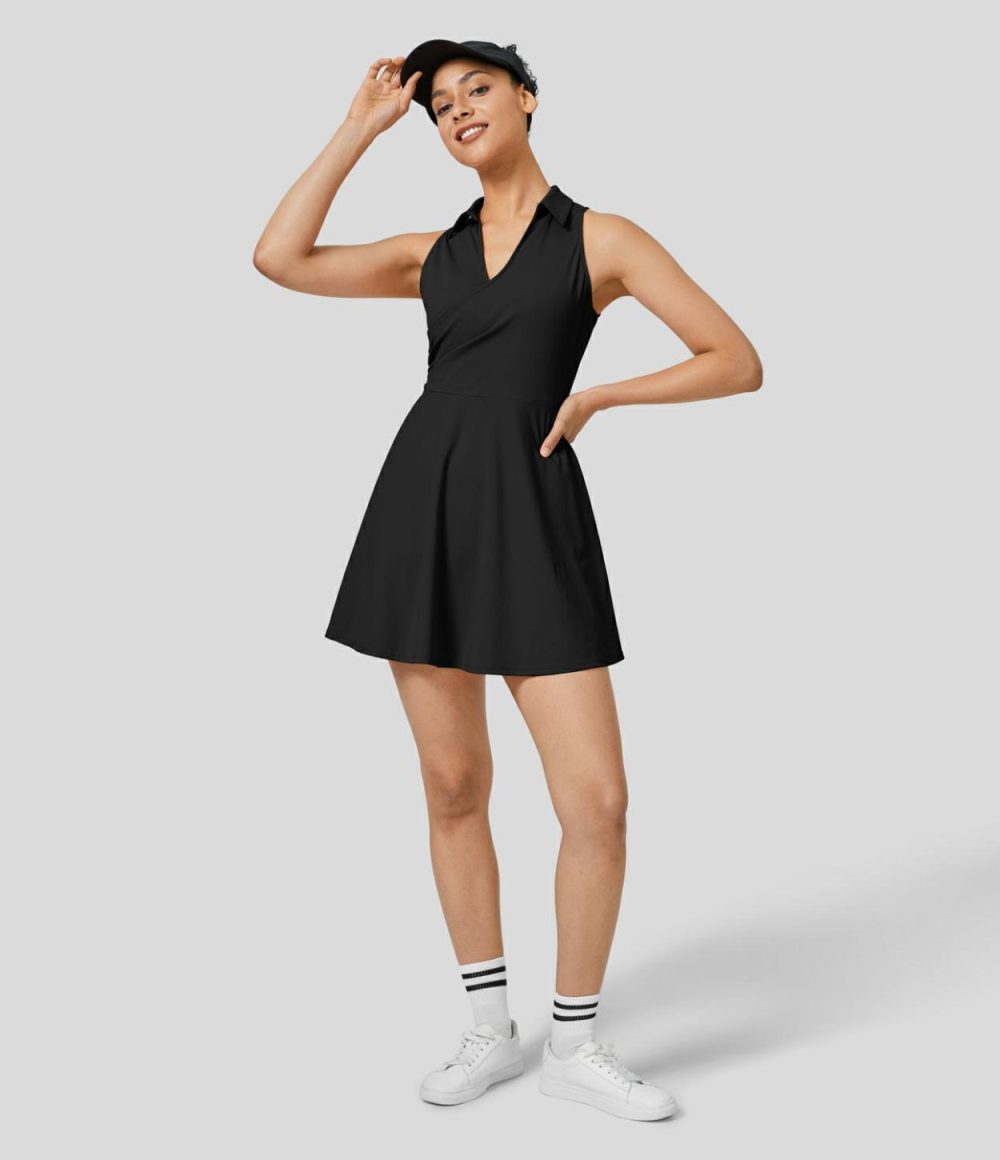 Collared V Neck Plicated Sleeveless 2-Piece Side Pocket Flare Mini Quick Dry Golf Active Dress-Golf Tee Pocket  | Womens  Active Dresses Active Dresses Active Dresses