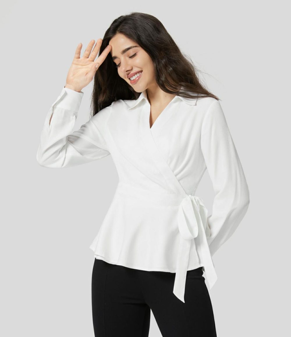 Collared Wrapped Tie Side Long Sleeve Ruffle Hem Casual Shirt  | Womens  Long Sleeve Tops Clothing Long Sleeve Tops