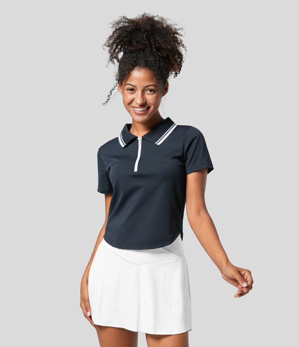 Collared Zipper Short Sleeve Curved Hem Color Block Tennis Sports Top  | Womens  Sports Tops Clothing Navy Blazer/White/Wathet Blue