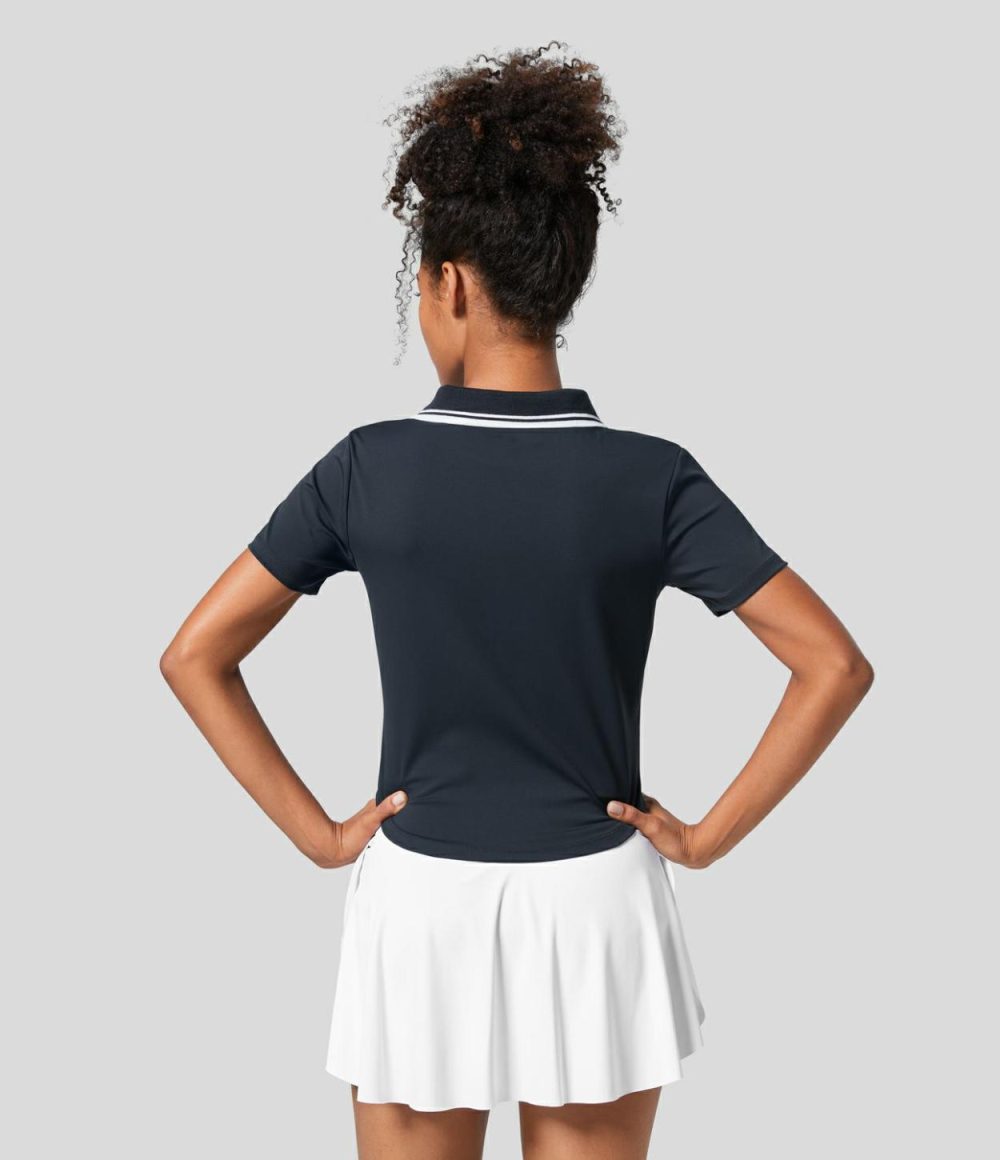 Collared Zipper Short Sleeve Curved Hem Color Block Tennis Sports Top  | Womens  Sports Tops Clothing Navy Blazer/White/Wathet Blue