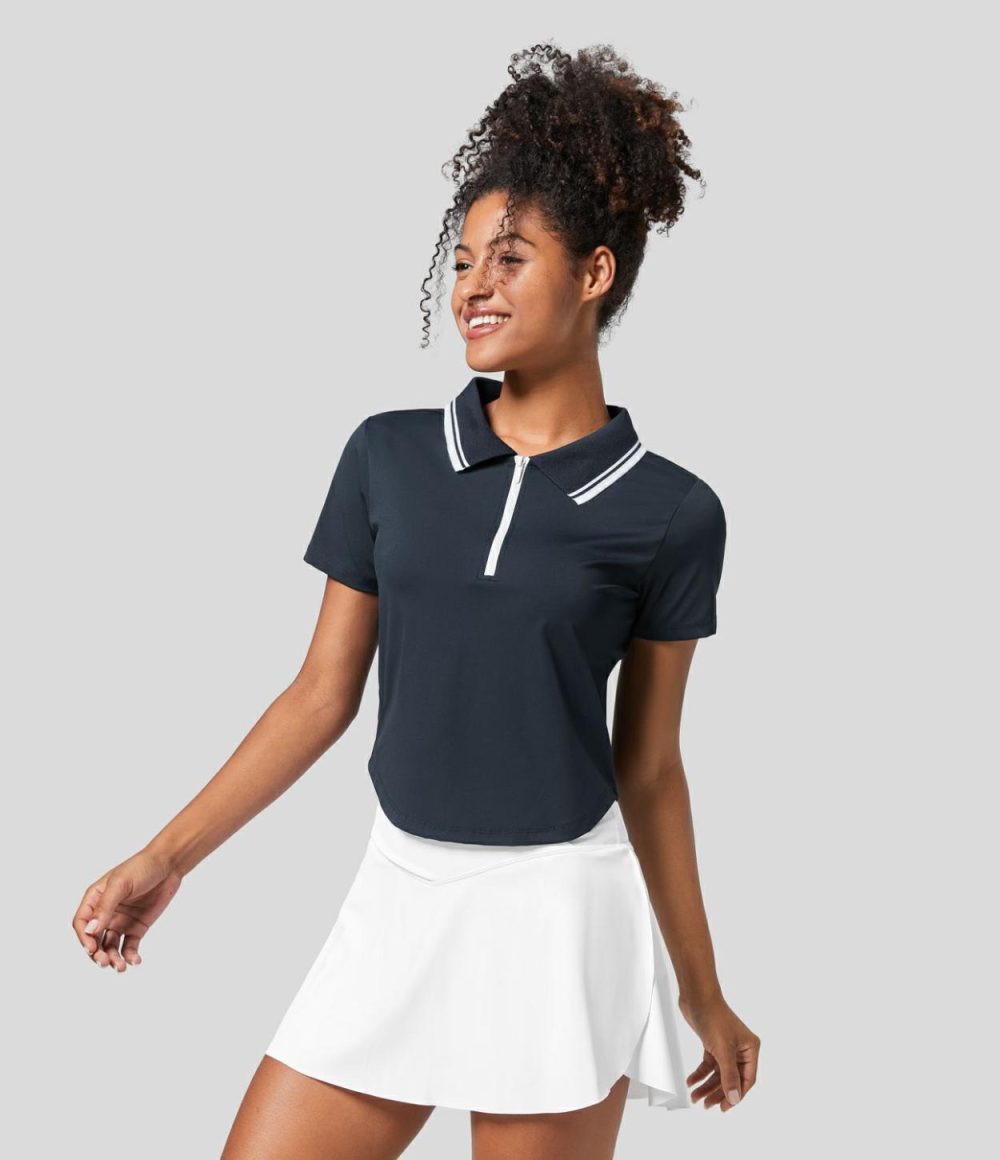 Collared Zipper Short Sleeve Curved Hem Color Block Tennis Sports Top  | Womens  Sports Tops Clothing Navy Blazer/White/Wathet Blue