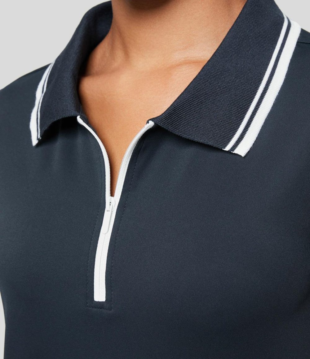 Collared Zipper Short Sleeve Curved Hem Color Block Tennis Sports Top  | Womens  Sports Tops Clothing Navy Blazer/White/Wathet Blue