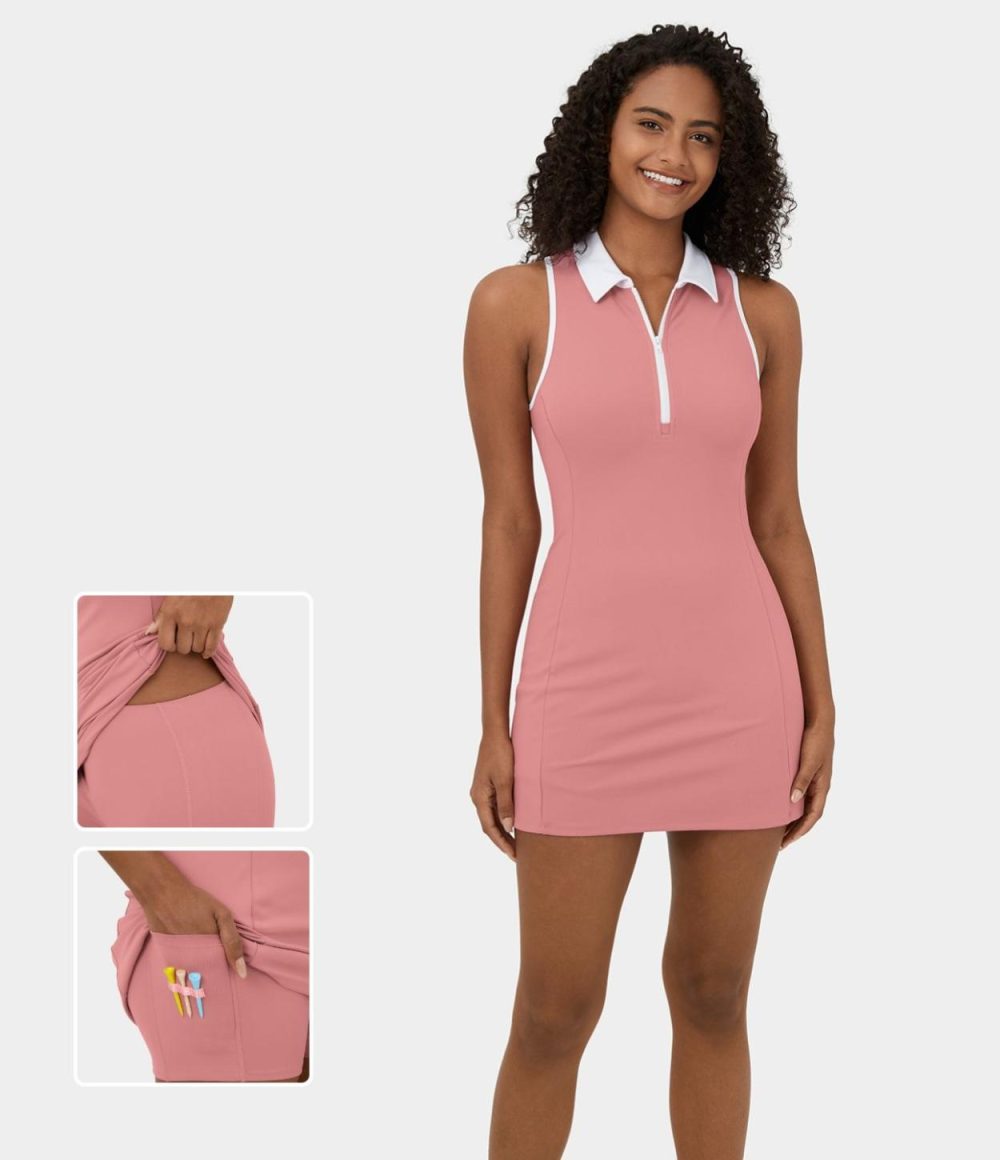 Color Block Collar Zipper Sleeveless 2-Piece Pocket Mini Golf Active Dress-Golf Tee Pocket  | Womens  Active Dresses Active Dresses Active Dresses