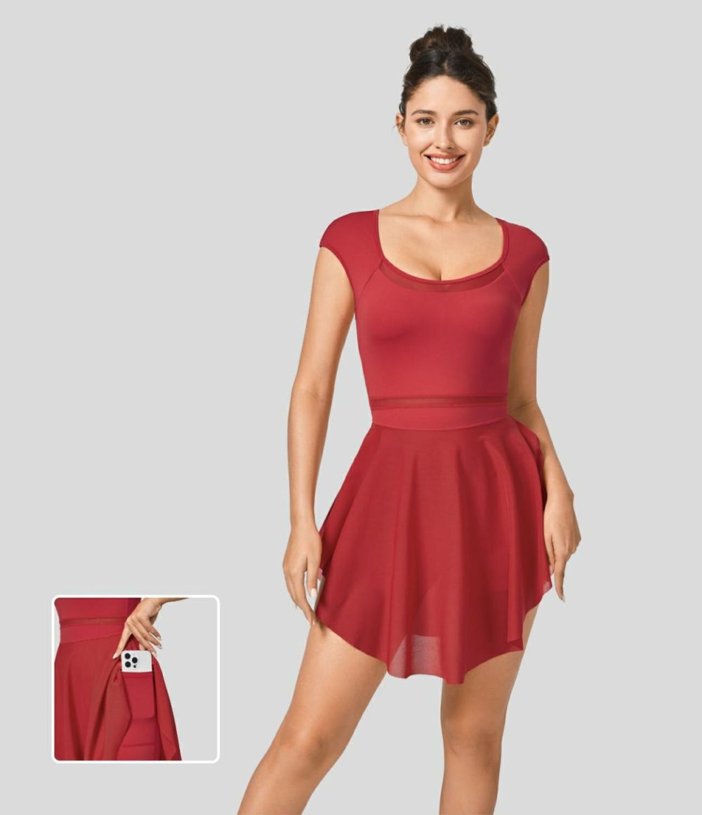 Contrast Mesh 2-in-1 Side Pocket Mini Dance Active Dress  | Womens  Active Dresses Active Dresses Active Dresses