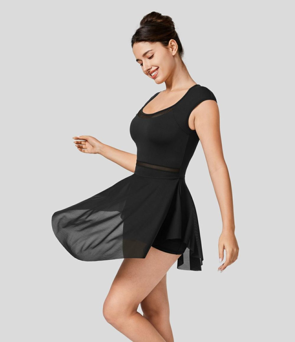 Contrast Mesh 2-in-1 Side Pocket Mini Dance Active Dress  | Womens  Active Dresses Active Dresses Active Dresses