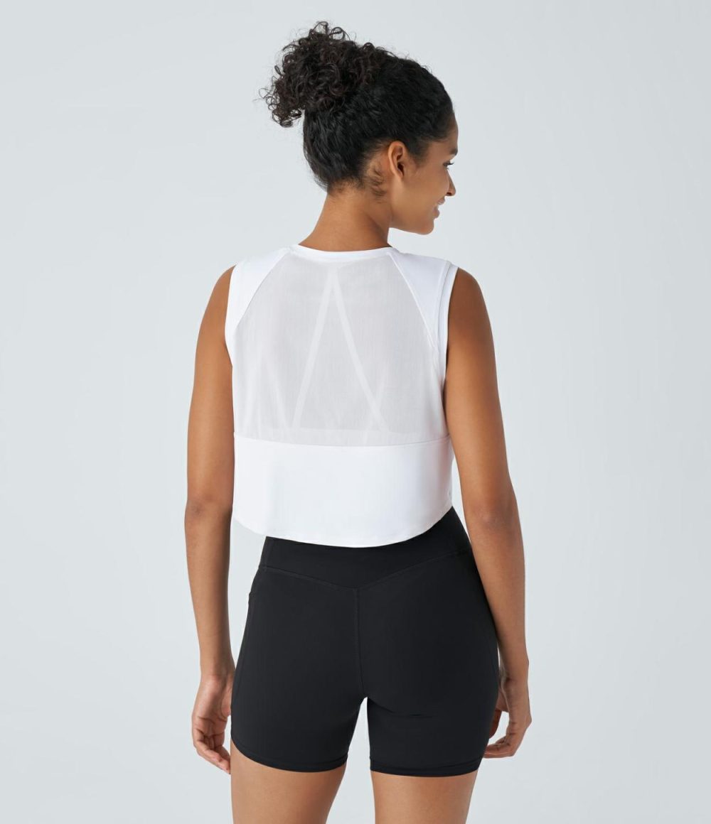 Contrast Mesh Asymmetric Hem Cropped Running Tank Top  | Womens  Cropped Tops Clothing Cropped Tops