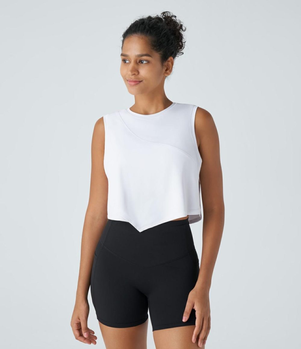 Contrast Mesh Asymmetric Hem Cropped Running Tank Top  | Womens  Cropped Tops Clothing Cropped Tops